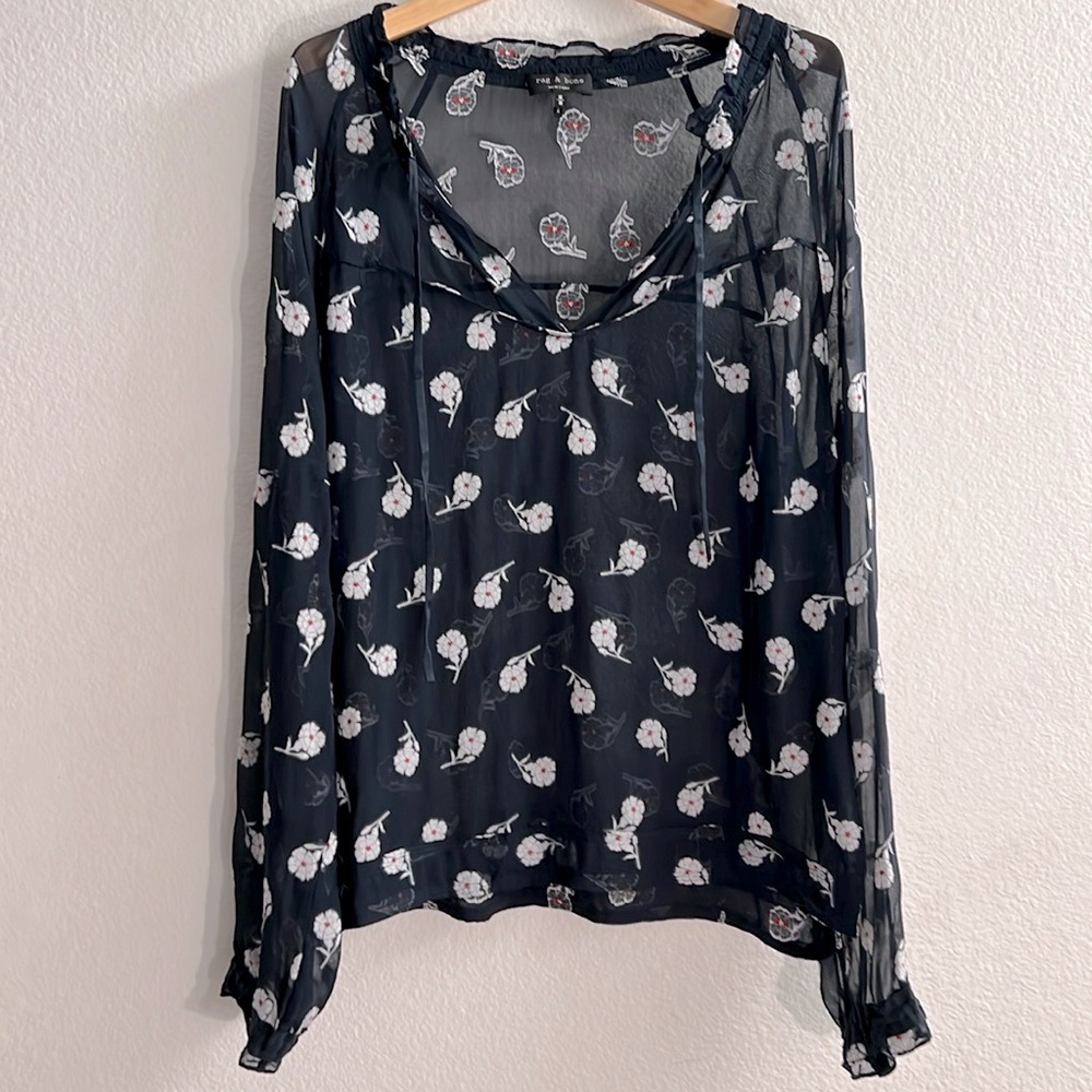 Rag & Bone Floral Navy Long Sleeve Top Size M